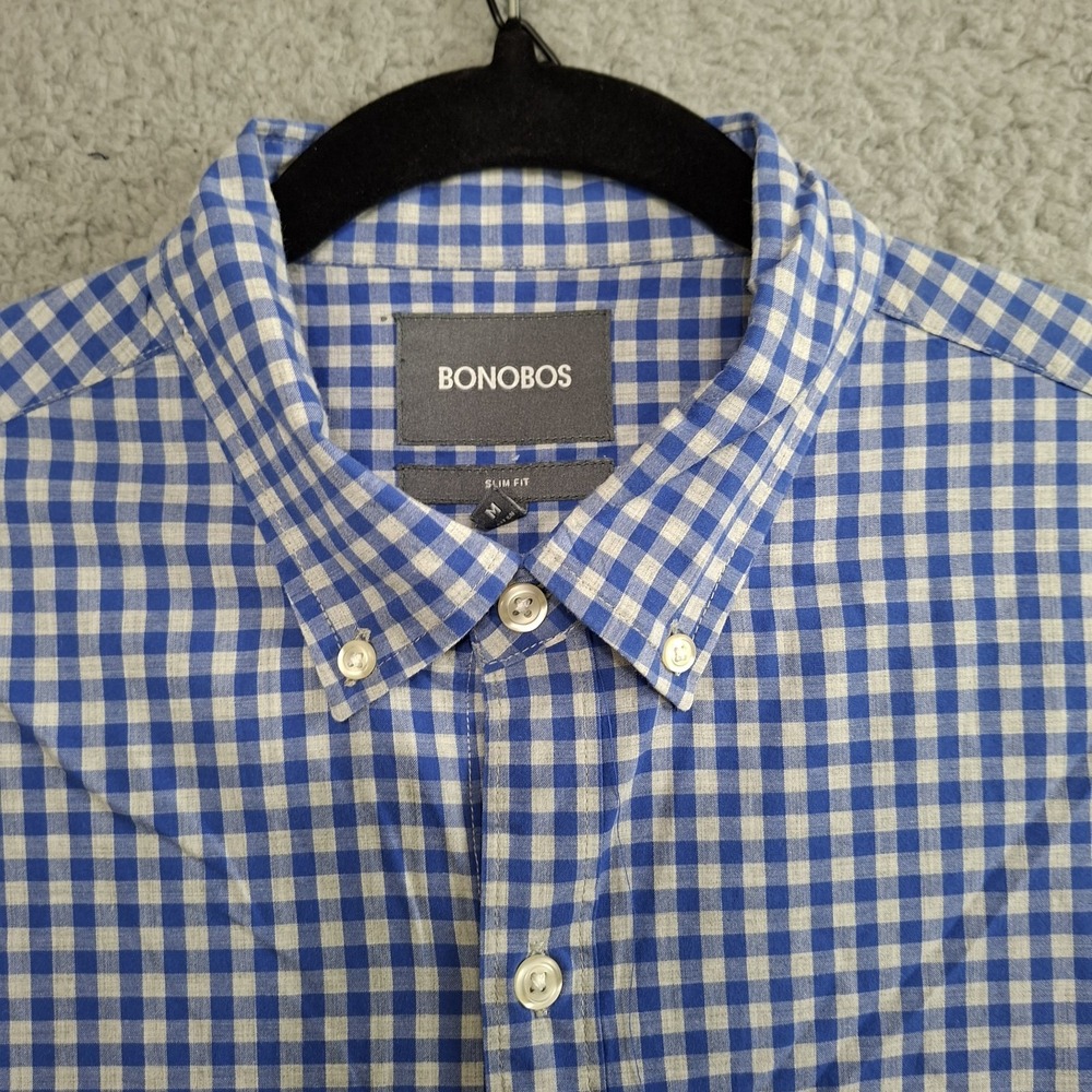BONOBOS Shirt Mens Size M Button Down Long Sleeve Slim Fit Blue Plaid Cotton‎
